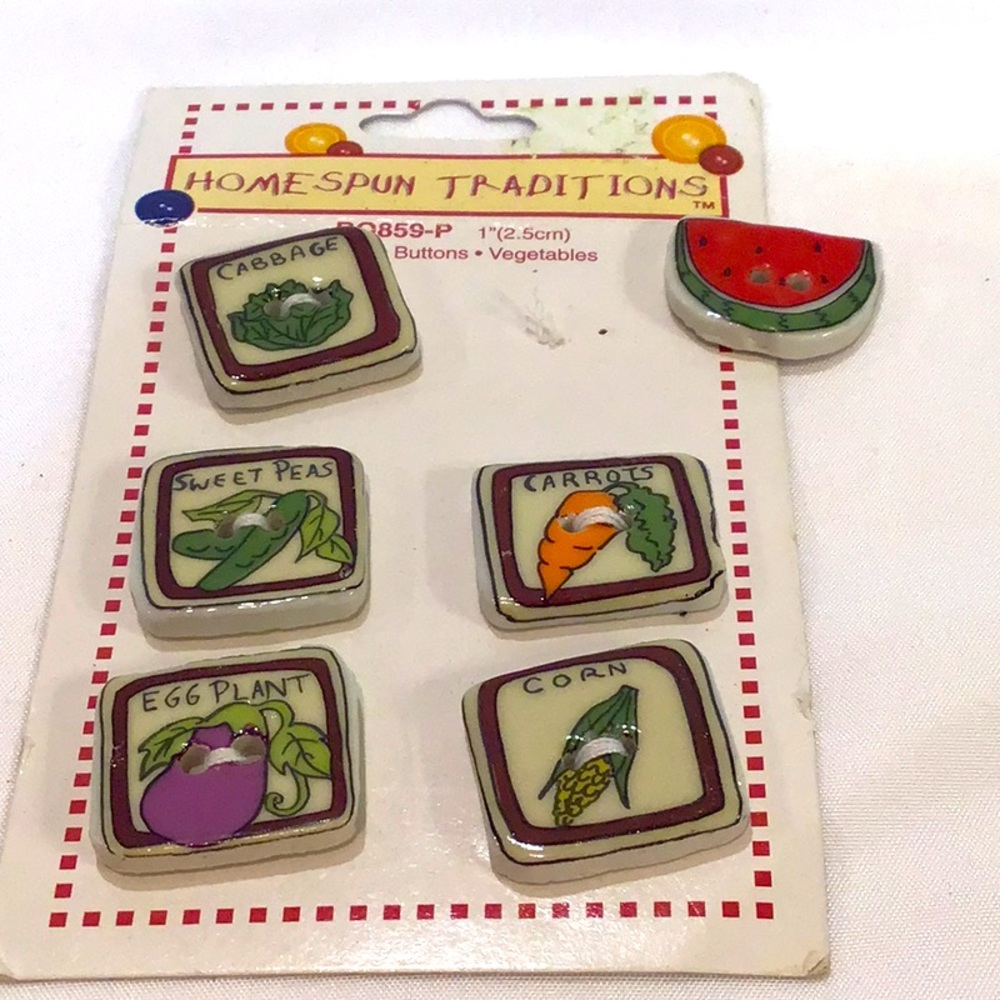 Ceramic vegetable buttons, new on card plus one watermelons button